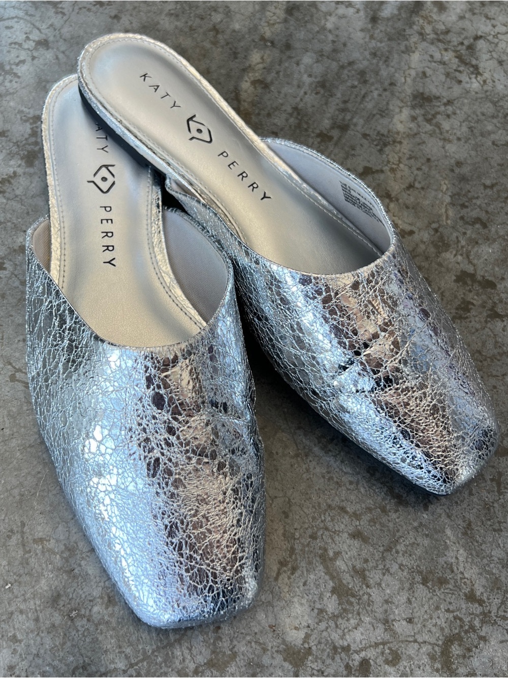 Katy Perry The Evie Mule Flats Silver Metallic Square Toe Flat Slip On Shoes 8M